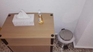 a bathroom with a toilet and a bottle of mustard at Pension Centro in Guardamar del Segura