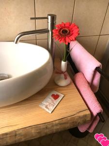 ein Badezimmer mit einem Waschbecken und einer Blume auf dem Tisch in der Unterkunft Antjes Schmankerlhotel und Restaurant in Tröstau