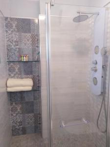 y baño con ducha y puerta de cristal. en Le Palais du Tropique appartement vue mer 5é étage avec ascenseur, en Juan-les-Pins