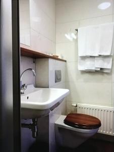 a white toilet sitting next to a sink in a bathroom at Hotel Heynen in Valkenburg
