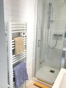 y baño con ducha, lavabo y ducha acristalada. en La Maisonette Antibes, en Antibes