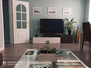 a living room with a tv and a glass table at La Casa de la Alcazaba - Free Parking in Mérida