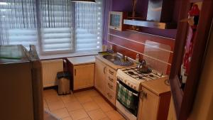 een kleine keuken met een fornuis en een spoelbak bij Studio Ania in Stegna +4 foto's