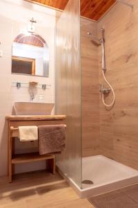 a bathroom with a shower and a sink at Apartments Maja by the river in Bohinj +51 photos