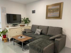 ein Wohnzimmer mit einem Sofa und einem TV in der Unterkunft Apartma Sunrise Piran in Piran
