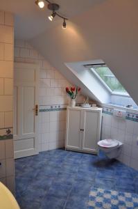 a bathroom with a toilet and a skylight at Ferienwohnung An der Försterei in Öhrenfeld