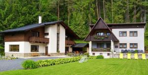 a house with a grass yard in front of it at Ubytovanie Žember in Demanovska Dolina