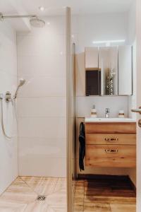 ein Bad mit einer Dusche und einem Waschbecken in der Unterkunft Ein Zimmer Apartment Bernau mit großer Garage incl in Bernau am Chiemsee