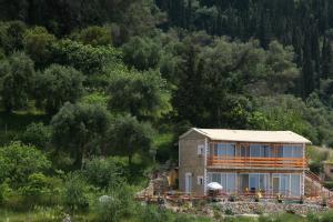 a house on the side of a hill with trees at Villa- nefeli in Agios Gordios
