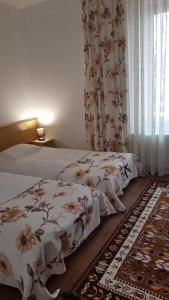 1 Schlafzimmer mit 2 Betten und einem Fenster mit Vorhängen in der Unterkunft PENSIUNEA BERCA in Berca