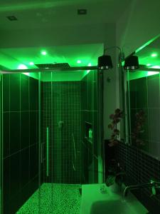 La salle de bains est pourvue d'une douche avec des lumières vertes. dans l'établissement Attico Lux Turin, à Turin