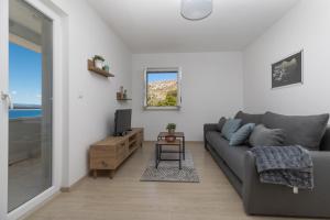 a living room with a gray couch and a tv at Apartments Villa Carica B&B in Mimice