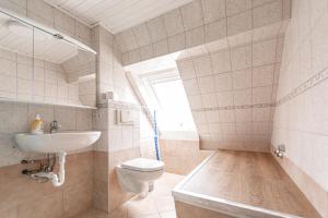 ein Bad mit einem Waschbecken, einem WC und einer Dusche in der Unterkunft Ferienwohnung Hummelhus Elmenhorst in Elmenhorst