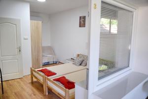 Cette chambre dispose d'une fenêtre et d'une table avec des oreillers rouges. dans l'établissement Rooms Maša, à Palić