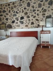 a bedroom with a bed and a stone wall at Casa Anita in Tajace de Abajo