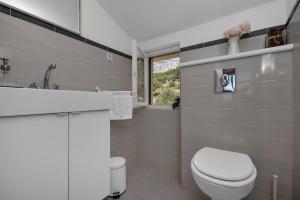 a white bathroom with a toilet and a sink at Apartman Ratac 11 in Tučepi +16 photos