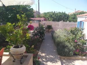 een tuin met bloemen en planten in een hek bij Aegina House in Aegina Town