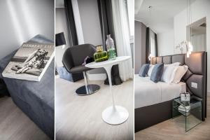 two pictures of a bedroom with a bed and a table at Sanremo Luxury Suites in Sanremo
