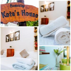 a collage of pictures of a room with a bed and towels at Kota's House Homestay in Hue