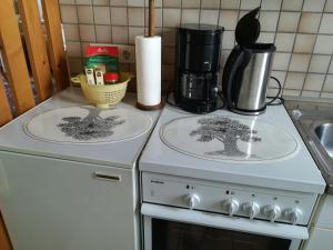 two plates on top of a stove in a kitchen at Ferienwohnung Ziegelbergblick in Jockgrim