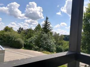 a view from a balcony of a road and trees at Ferienwohnung Ziegelbergblick in Jockgrim