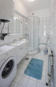 a white bathroom with a washing machine and a toilet at Apartments Bozena in Poreč