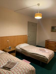 Habitación de hotel con 2 camas y lámpara de araña. en Albergo Calancasca Ristorante Jaipur en Grono
