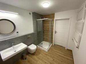 un bagno con lavandino, doccia e WC di Cały dom w Mielnie! a Mielno Altre 21 foto
