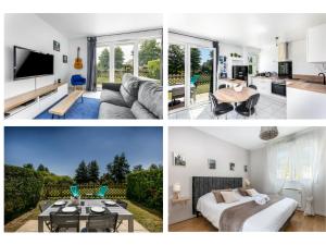 un collage de tres fotos de una sala de estar en L' Évéa Garden, en Le Relecq-Kerhuon
