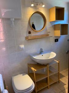 uma casa de banho com um lavatório, um WC e um espelho. em La Casa del Mastro - Como Lake em Pognana Lario
