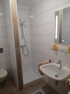 a bathroom with a shower and a sink and a toilet at Gasthof Liebetegger in Moosburg