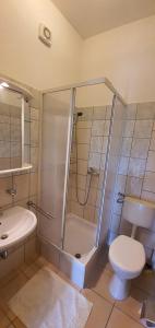 a bathroom with a shower and a toilet and a sink at Apartmani Krajnović in Fažana