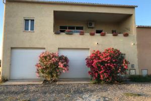 a house with two garage doors with flowers on it at Maison spacieuse in Gruissan
