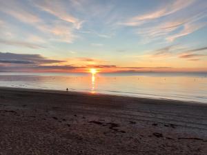 a sunset on a beach with birds in the water at Manoir de la Marjolaine in Cabourg