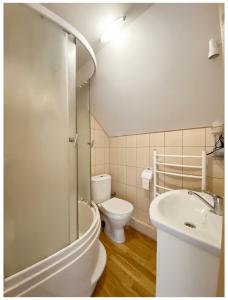 ein weißes Bad mit einem WC und einem Waschbecken in der Unterkunft Apartamentai Obelynė in Palanga