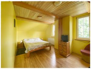 ein Schlafzimmer mit gelben Wänden, einem Bett und einem TV in der Unterkunft Apartamentai Obelynė in Palanga