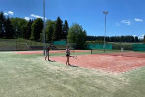 dos personas están jugando al tenis en una pista de tenis en Ferienwohnung im Schwarzwald Oberwiesenhof, en Seewald