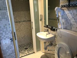 a bathroom with a shower and a toilet and a sink at Il Nido del Gabbiano - Riviera Adriatica in Martinsicuro