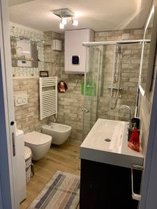 a bathroom with a sink and a shower and a toilet at Casa di Micky in Canale San Bovo +17 photos