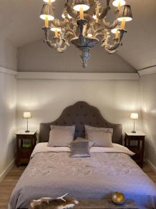 a bedroom with a large bed with a chandelier at Le petit béguinage in Tongeren