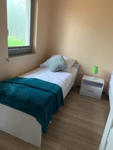 a small bedroom with a bed and a window at Domki u Ani in Dąbki