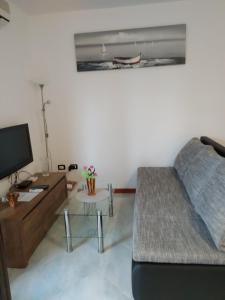 een woonkamer met een bank en een tafel bij Studio apartman Erika in Ližnjan