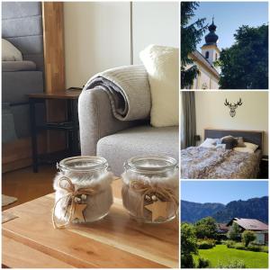 un collage de fotos de una habitación con sofá y mesa en Alpina Inzell Wohnung 454 en Inzell