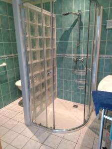 eine Dusche mit Glastür im Bad in der Unterkunft Le Rumain in Hengoat
