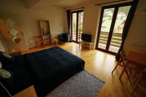 een slaapkamer met een bed en een groot raam bij Harrachov Apartmán 206 in Harrachov