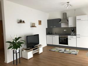 a kitchen with white cabinets and a flat screen tv at Ferienwohnung Rheinfelden-Herten in Herten
