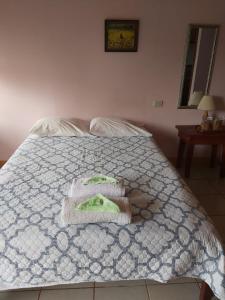 a bed with a blanket and two towels on it at Posada Rural Oasis in Caño Negro