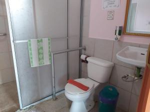 a small bathroom with a toilet and a sink at Posada Rural Oasis in Caño Negro