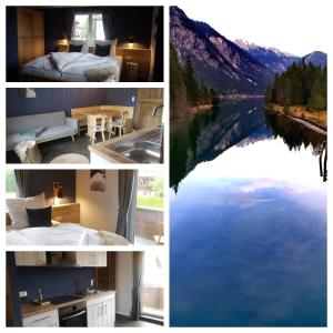 a collage of photos with a view of a lake at Ferienwohnungen Haus Almrausch Bichlbach in Bichlbach