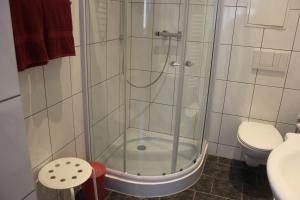 een badkamer met douche en toilet bij Ferienwohnung Altstadtdomizil in Wernigerode +13 foto's